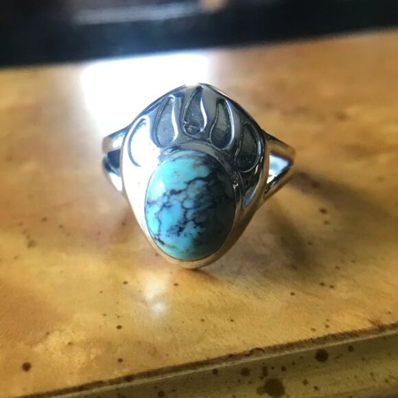 Natural Blue Moon Turquoise Sterling Silver Bear Paw Ring Size 7 - Picture 1 of 7
